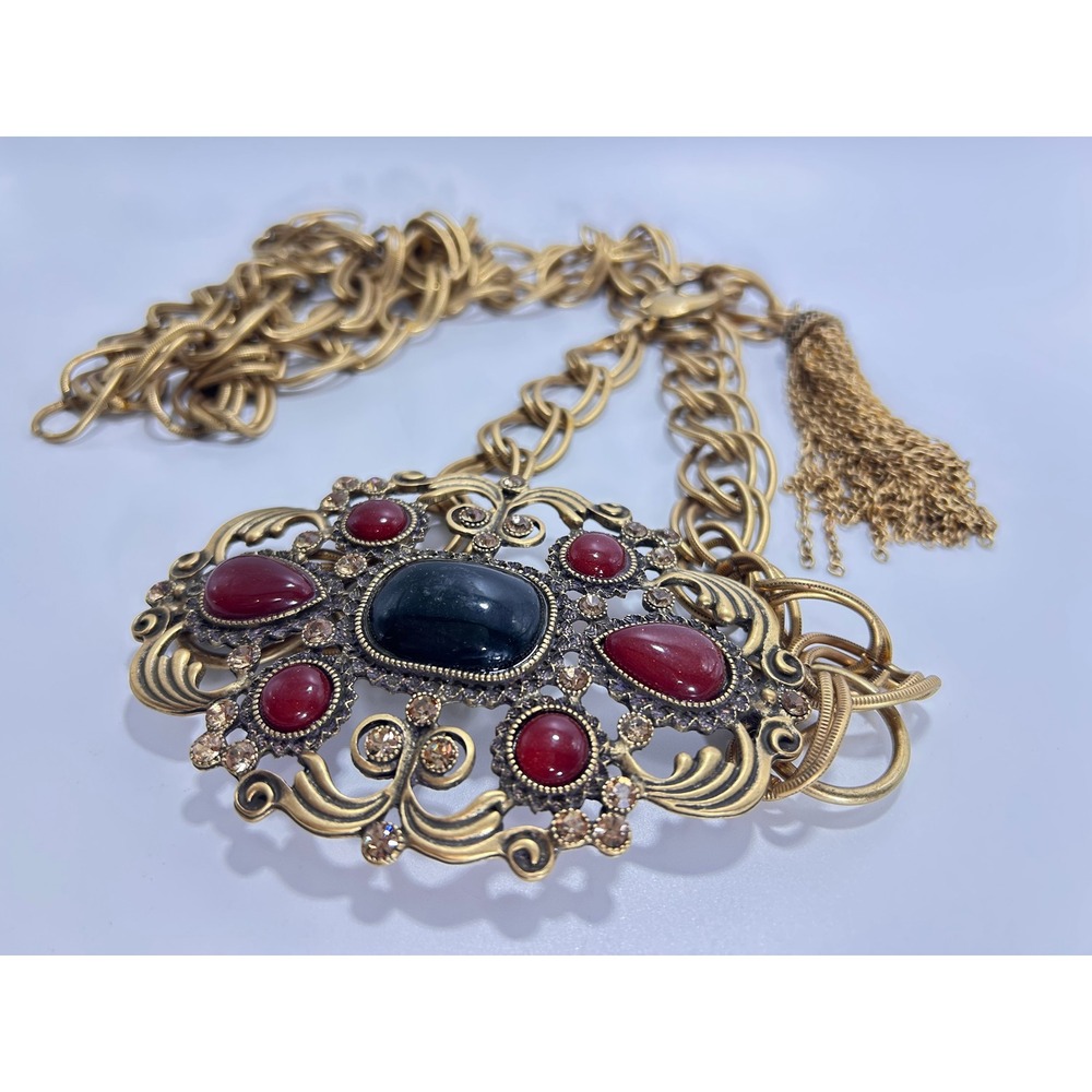 Chico's Chain Belt Women OS Gold Red Good Vintage Statement Tassel Cabochon